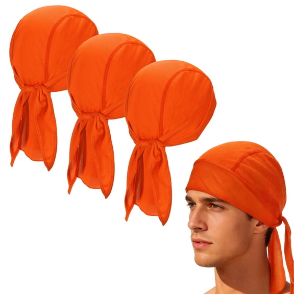 Cooling Do Rags Sweat Wicking, Solid Skull Caps Rag Breathable Motorcycle Dew Head Wrap Bandana Hats Helmet Liner 3 Pcs & Orange