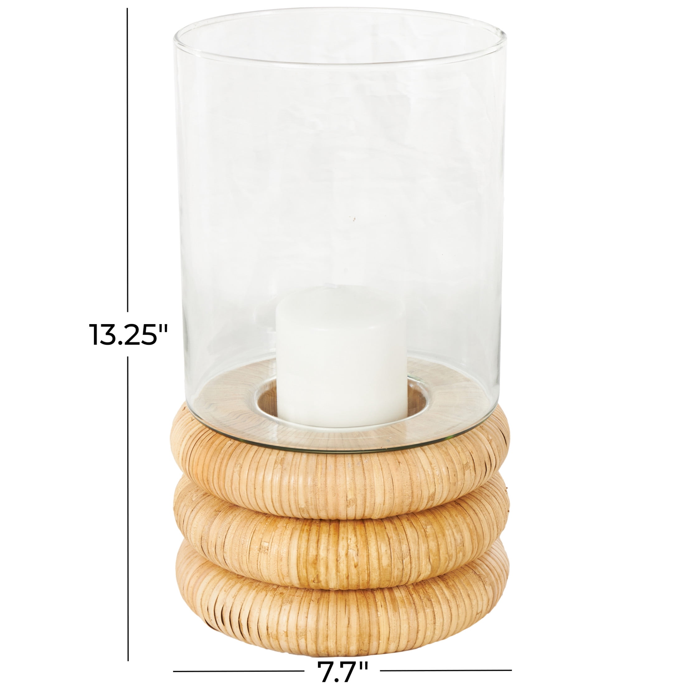 DecMode Glass Round Hurricane Lamp with Light Brown Woven Base