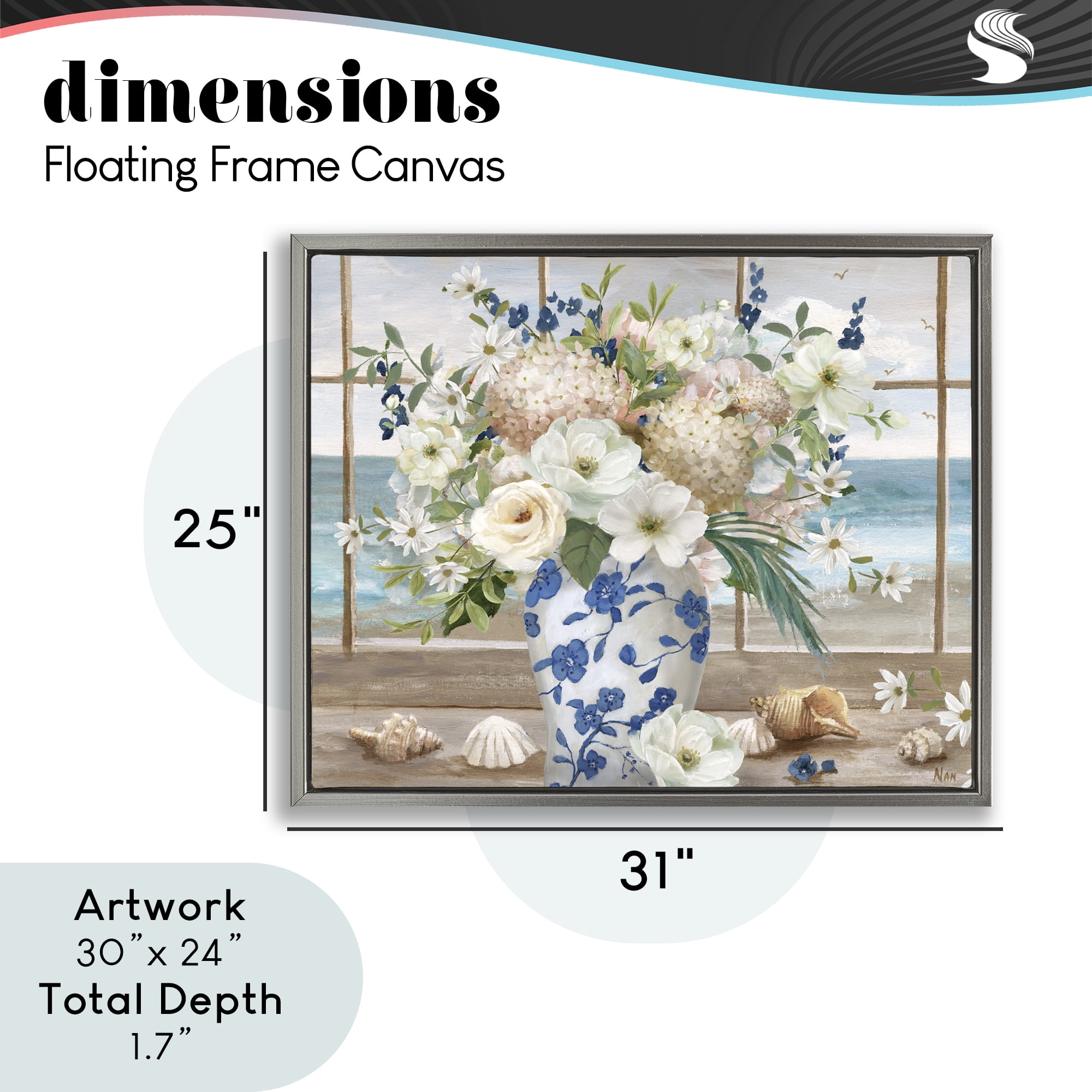 Stupell Industries Seashells & Flowers Windowsill Gray Framed Floater Canvas Wall Art, design by Nan