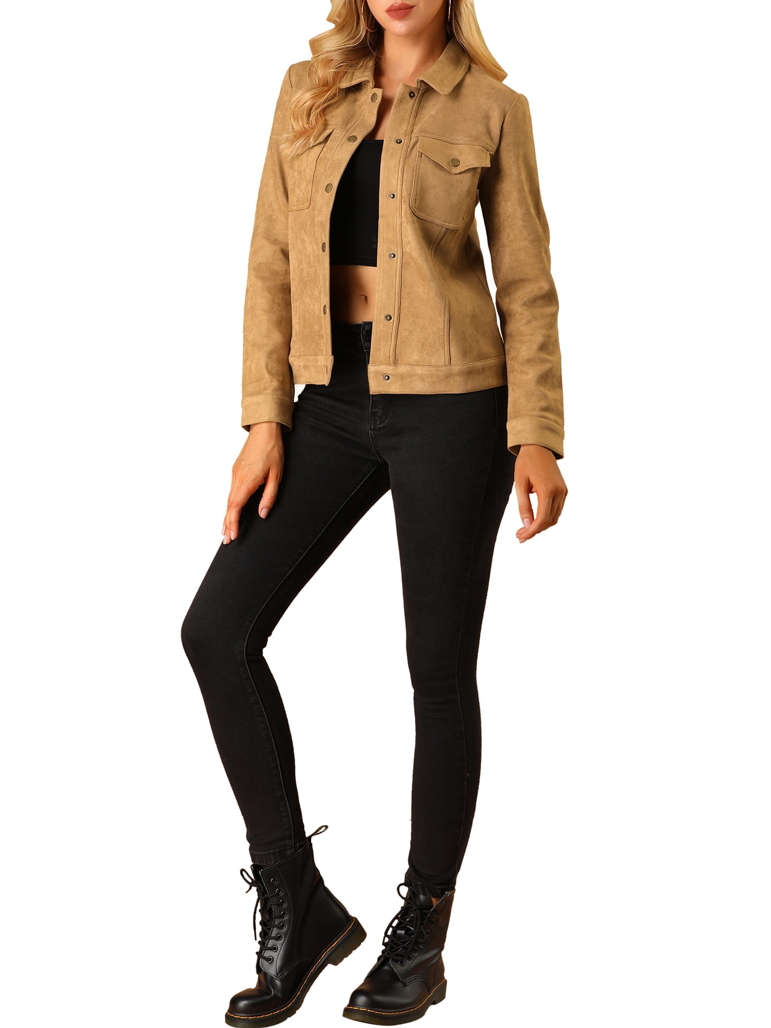 DARING DIVA Faux Suede Long Sleeve Flap Pockets Moto Jacket L Brown