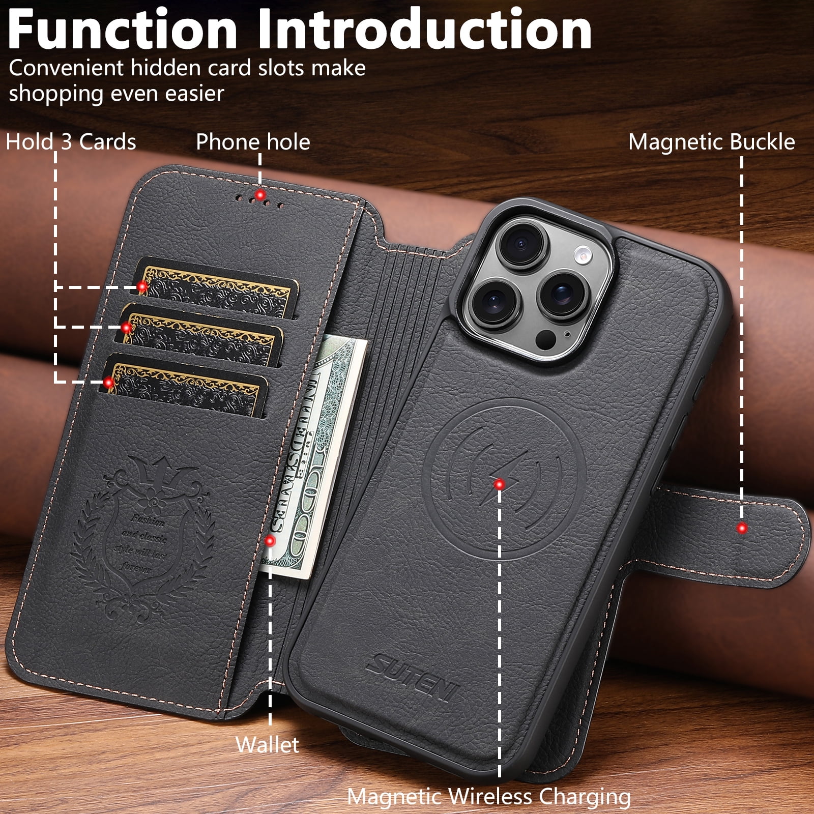 For iPhone 15 Pro Max Wallet Phone Case,Magnetic Detachable PU Leather Flip Design,Compatible with Mag-Safe,With Card Slots,Kickstand,Magnetic Closure Shockproof Anti-Fall Rugged Phone Case,Black