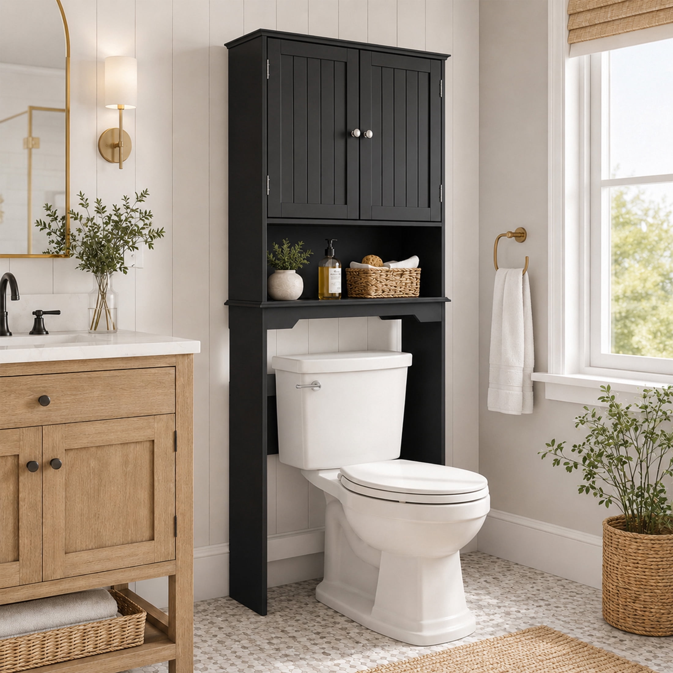 edx Wooden Over-the-Toilet Storage Rack, Bathroom Organizer Shelf for Toilet & Towels, Freestanding Toilet Shelf,Black