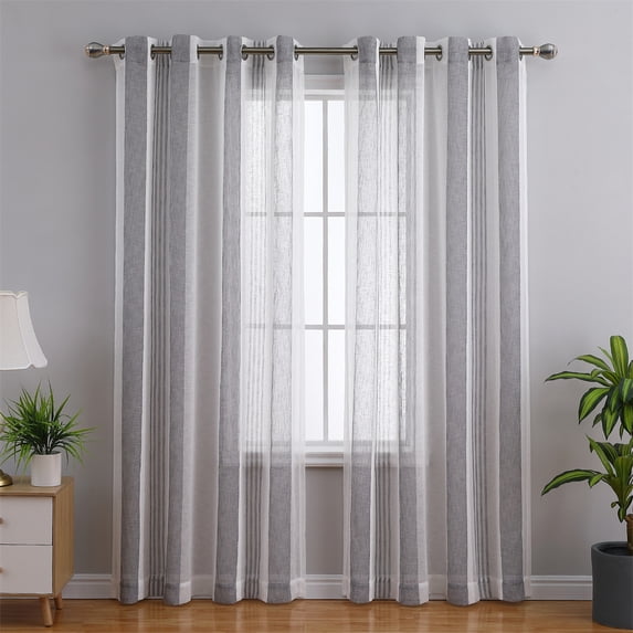 2 Panels Semi Sheer Stripe Tulle Curtains, Metal Grommet Rod Pocket Voile Curtain Drapes