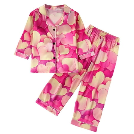 Youmylove Easter Girls Pajamas Set Toddler Girls Satin Pajama Sets Silky Long Sleeve Heart Print Shirt Tops Pants Set Sleepwear Casual Clothing Stylish Cozy Nightwear 5-6 Years