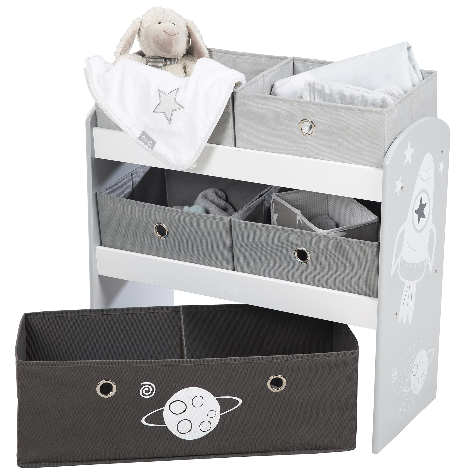 Roba Play Shelf Grey Space Children's Multi-Bin Toy Organizer with 5 Fabric Boxes, Boys & Girls