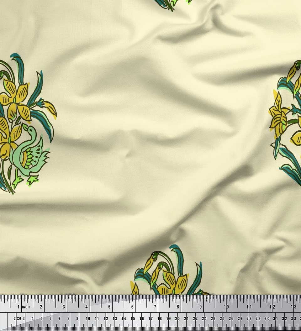 Soimoi Poly Georgette Fabric Leaves,Duck & Floral Block Printed Craft Fabric by The Yard 52 Inch Wide