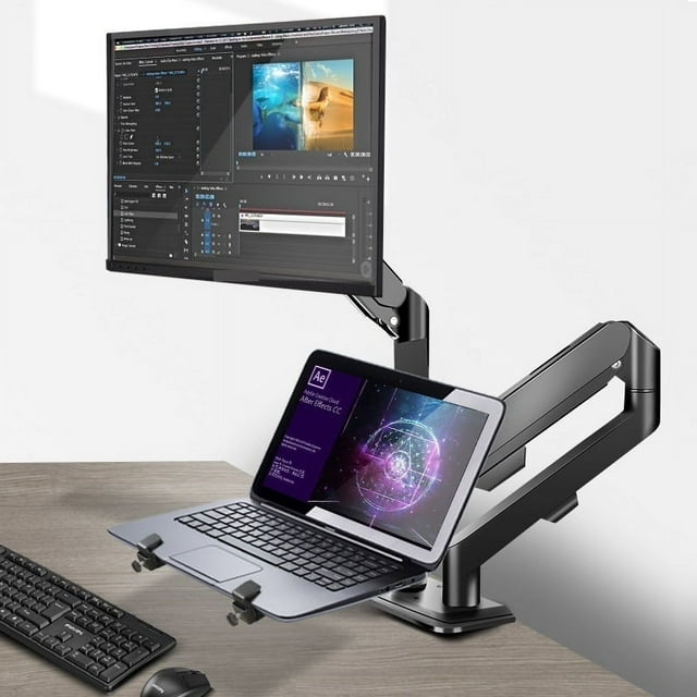 Bras pour Moniteur + Support pour Ordinateur Portable, Support à Mouvement Complet pour Ordinateurs Portables de 10 à 16 Pouces et Ordinateurs de 13 à 32 Pouces, Écran LED LCD Prenant en Charge l'Inclinaison et la Rotation, Facile à Utiliser