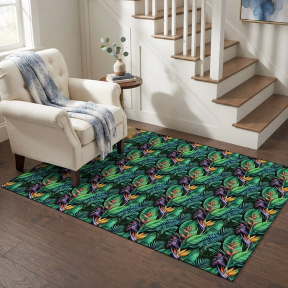 Area Rugs 4'x6'. Summer Botanical Carpet Runner Indoor Outdoor Rugs Home Decor Aesthetic, Tropical Monstera Leaves Flowers Green Non Slip Mats Washable Accent Rug for Living Room Bedroom