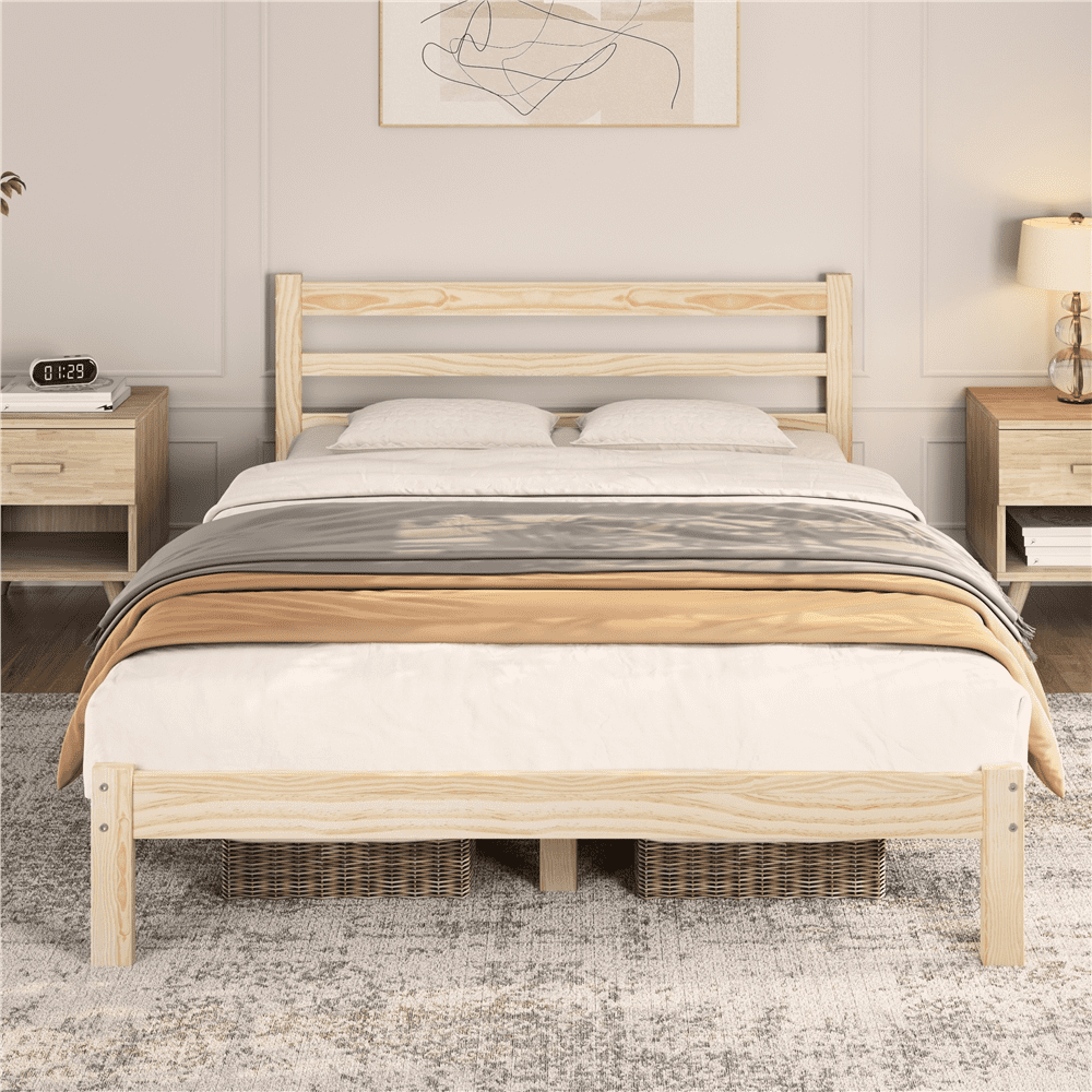 Easyfashion Wooden Platform Bed Frame with Paneled Headboard,Queen,Wood