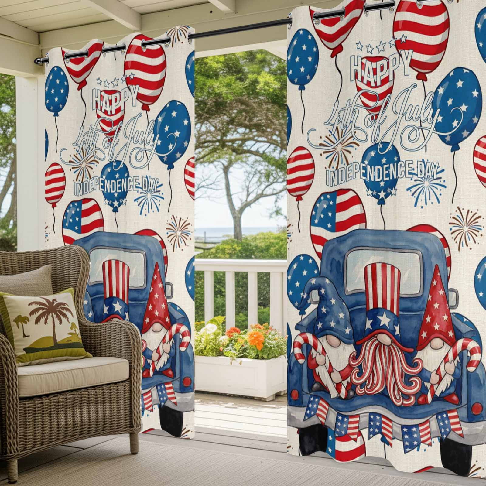 Independence Day Outdoor Curtains for Patio, Watercolor Blue Truck Colorful Balloon Cute Gnomes Sunshade Privacy Drapes Grommet Waterproof Outside Curtains for Porch/Cabana/Balcony 54"x 108", 1 Panel