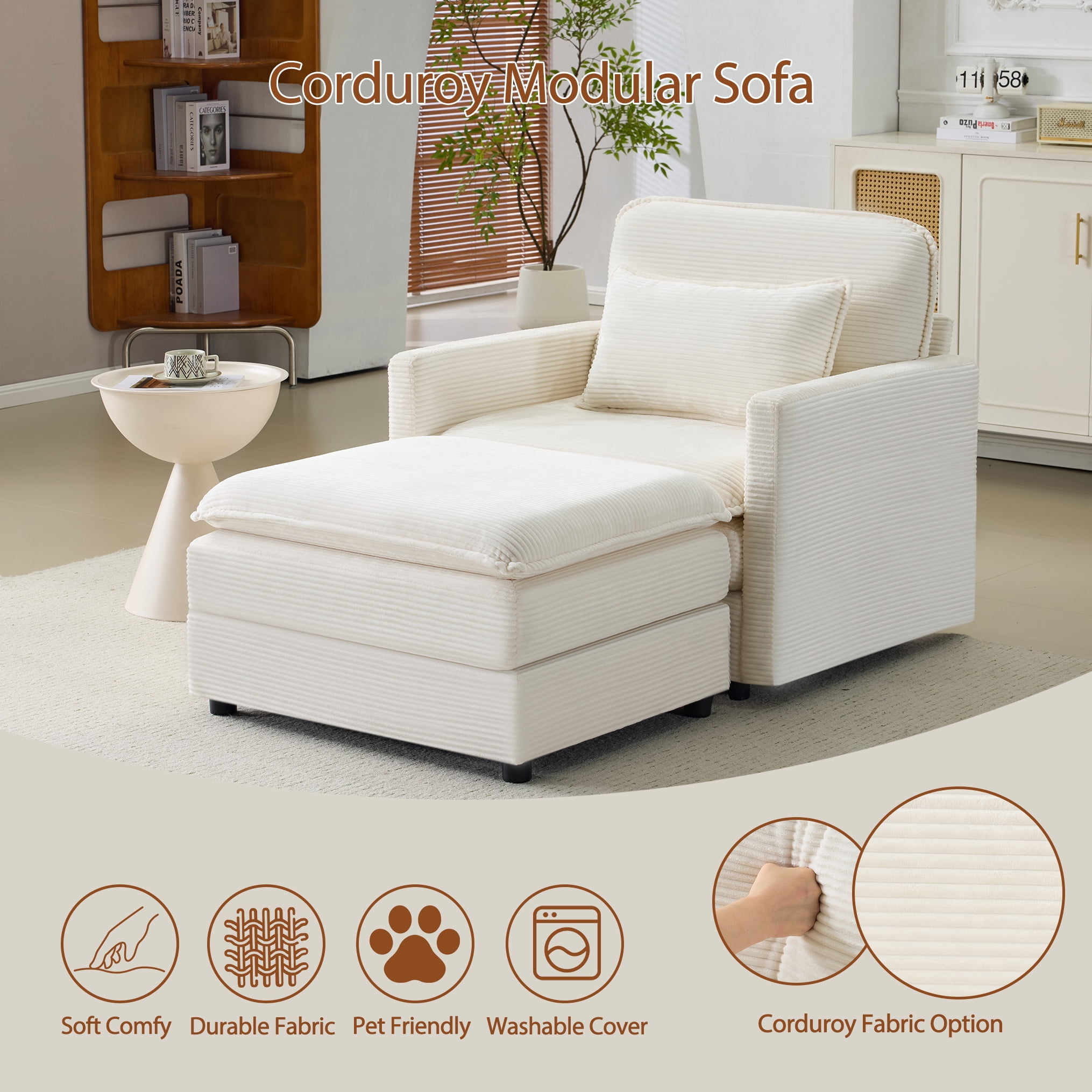 Gewnee 54"Cloud Sofa,Deep Seat Modular Single Sofa with Pillow and Ottoman,Comfy Corduroy Sofa Chair for Living Room,Bedroom,Apartment.Beige