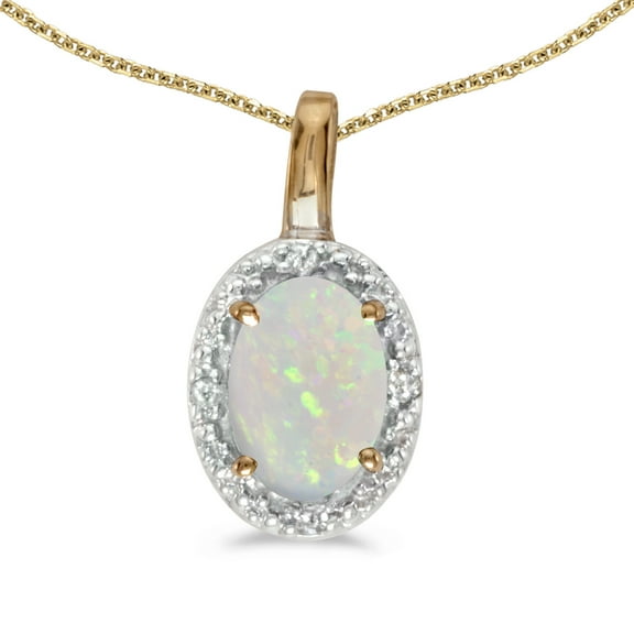 10k Yellow Gold Oval Opal And Diamond Pendant with 18" Chain