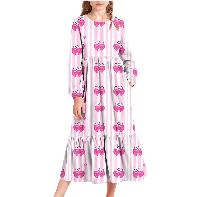 CYRBOKO Valentine's Day Dresses for Girls, Lightweight Long Sleeve Crewneck  A-line Dresses with Pockets Pink Size 8-9T