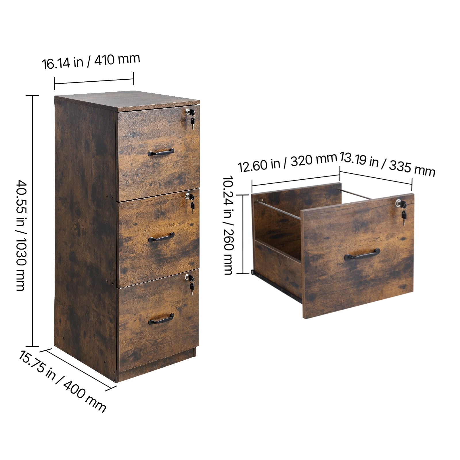 KFFKFF Lockable 3-Drawer File Cabinet, Metallic Vertical Storage Units for Residential Offices, Robust Cabinet with Dual-Stage Adjustable Rod for A4/Letter/Legal Size Documents, Assembly Simplified