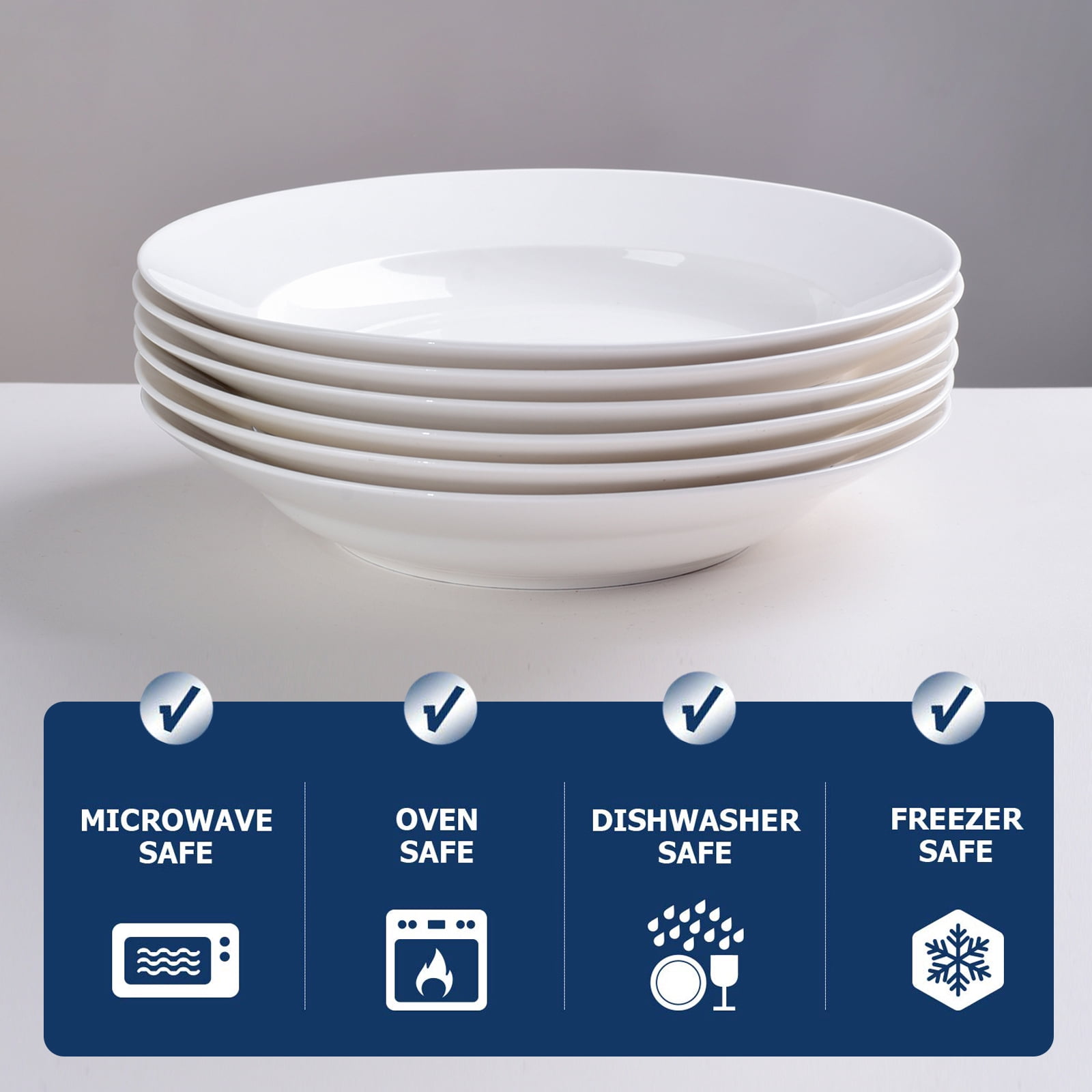 Hendoct 6-Piece 9-Inch Pure White Ceramic Soup Plates, 21oz Deep Round Dinner Plates, Microwave & Dishwasher Safe