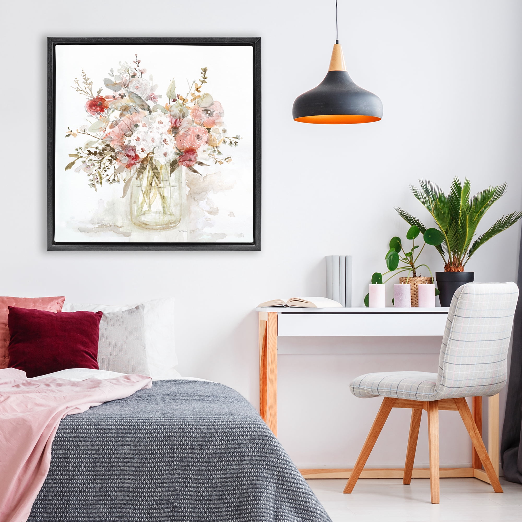 Stupell Industries Soft Blush Botanical Bouquet Black Framed Floater Canvas Wall Art, design by Carol Robinson