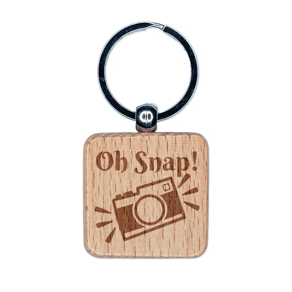 Oh Snap Camera Photography Square Keychain Charm Tag - Engraved Wood