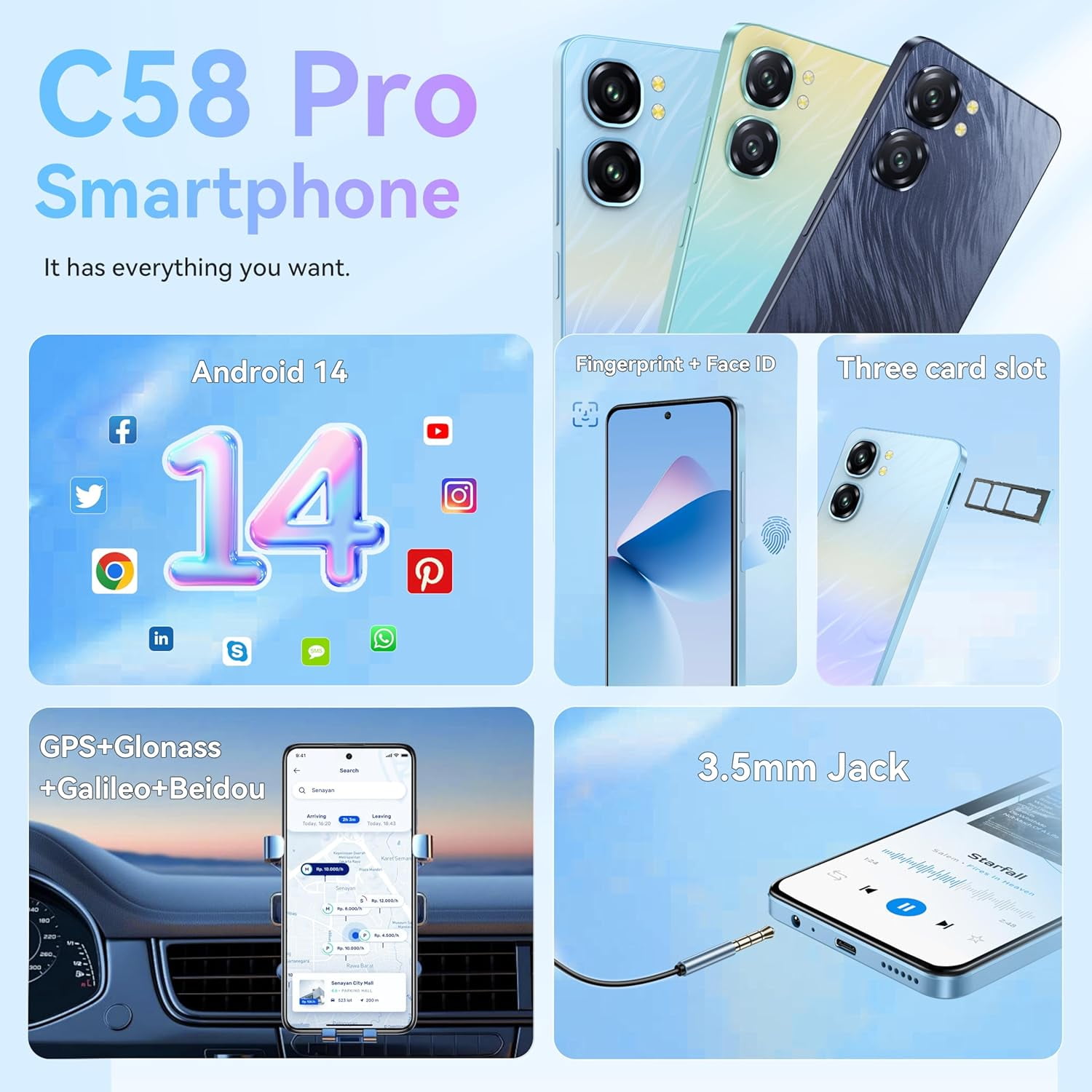 OUKITEL C58 Pro Unlocked Cell Phone - Android 14 Mobile Phone with 24(6+18) GB +256GB/1TB TF Expand, 6.7" HD+ Screen 90Hz 5150mAh Battery 50MP Main Camera Smartphones, NFC/T-Mobile/OTG/Dual SIM 2025