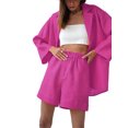 thumbnail image 2 of VISgogo, traje de pantalón informal de dos piezas para mujer, blusas abotonadas con cuello de solapa de color sólido y pantalones cortos holgados con cintura elástica VISgogo moda, 2 of 4