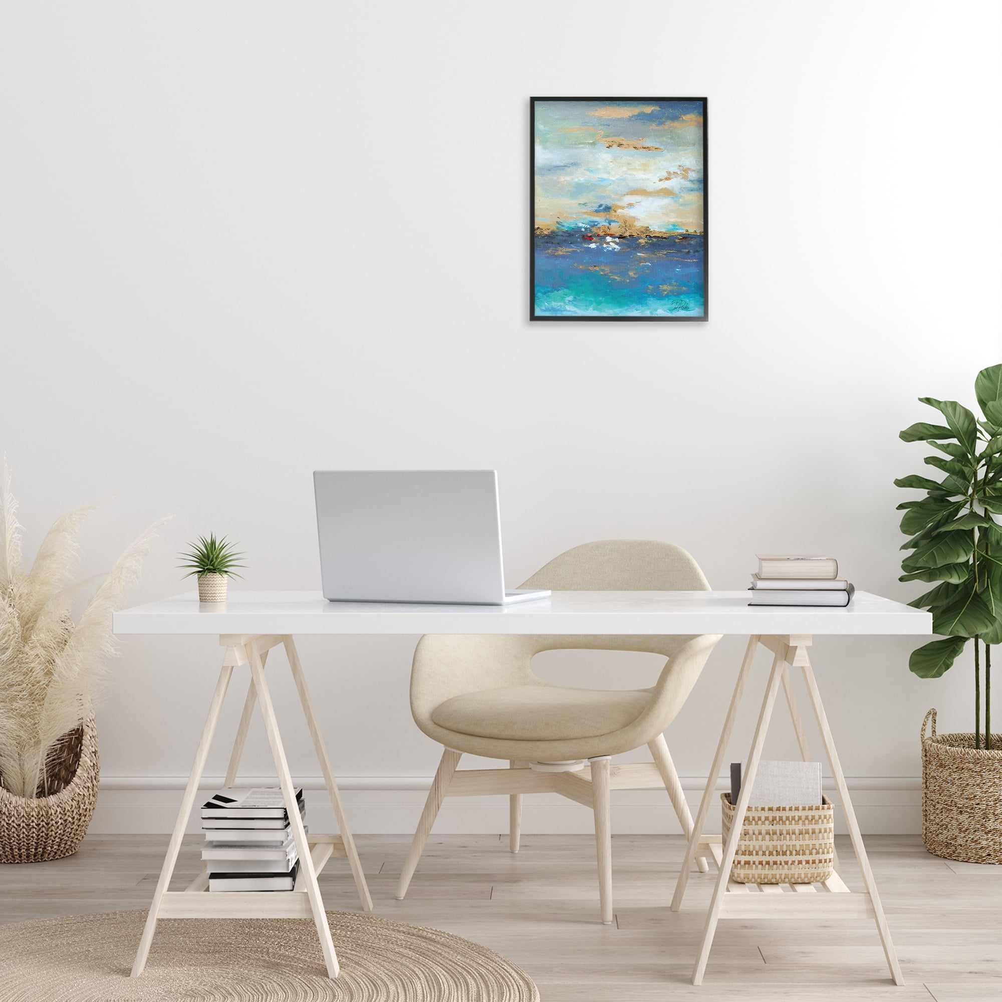 Stupell Industries Ocean View with Tan Accents Abstract Painting Black Framed Art Print Wall Art, 16 x 20
