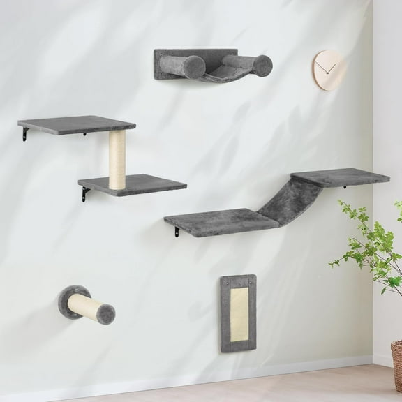 SONGMY 5-in-1 Wall-Mounted Cat Climber Set, Cats Wall Shelve, Wall-Mounted Cat Climbing Shelves, with House, Bridge, Steps, Scratcher, Hammock, Shelves (B-KM061)