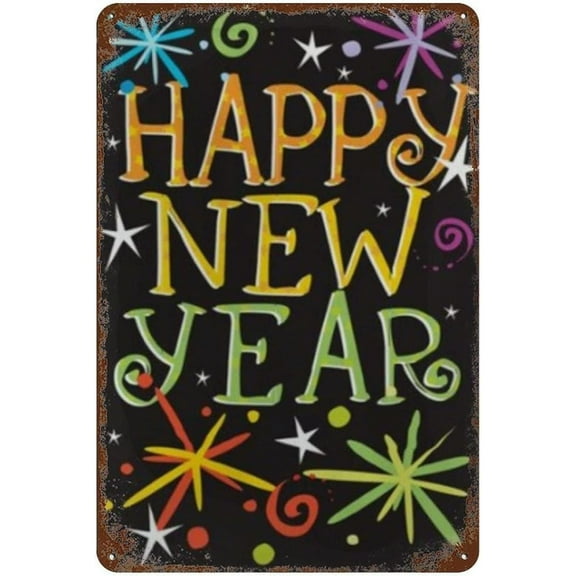 Happy New Year Vintage Metal tin Sign Art Plaque Wall Decor Look Funny Gifts for Home Kitchen Garage Bathroom Farm Garden Bar Cafe Metal Posters 8X12 inch