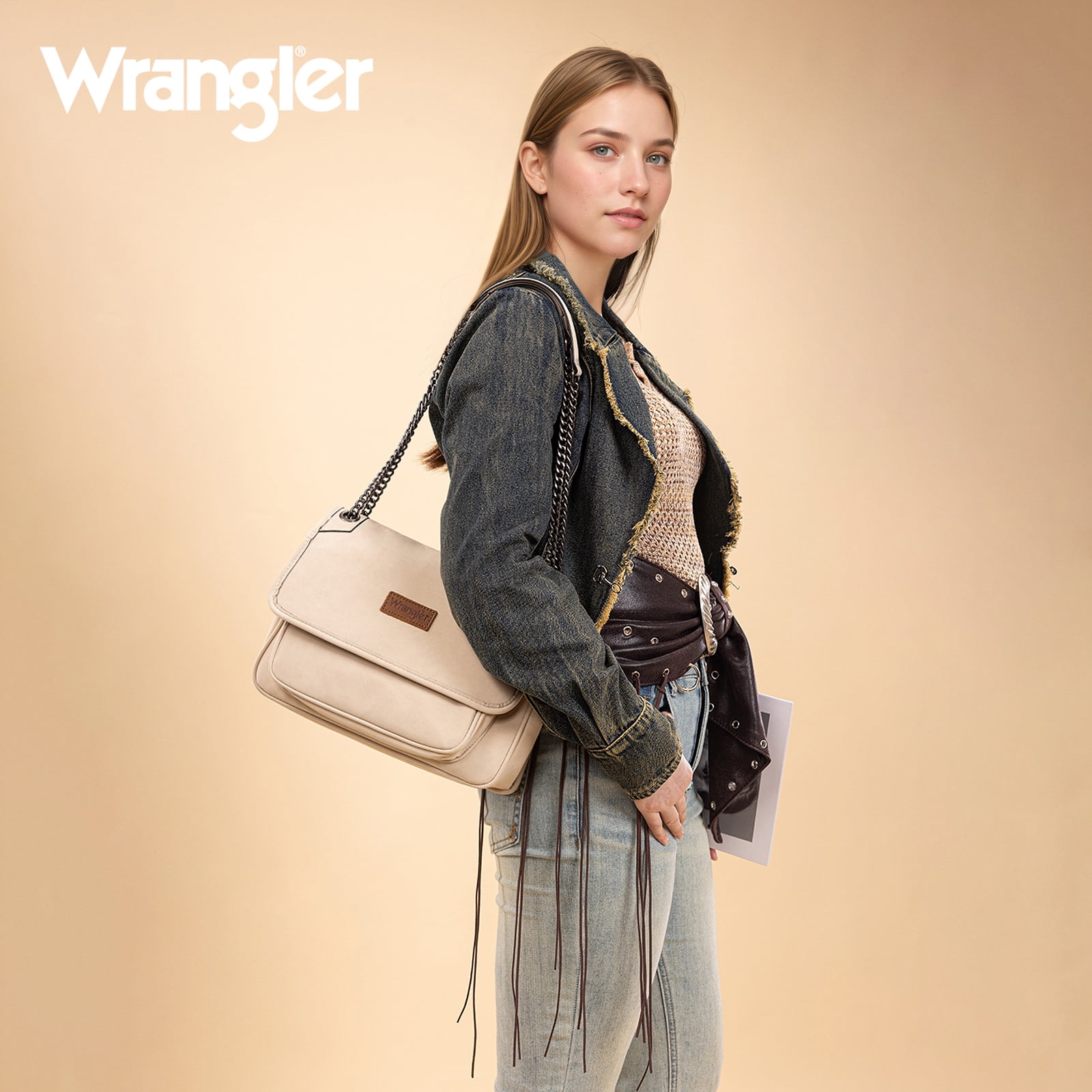 Wrangler Shoulder Bag for Women Retro Purses and Handbags Crossbody Bags with Chain Strap, Beige