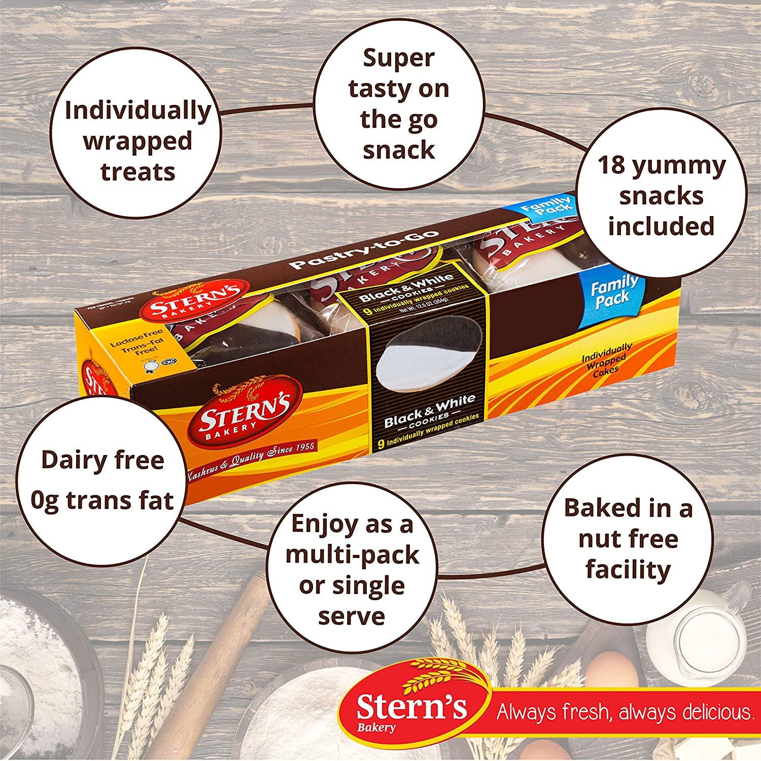 Black and White Cookies | NY Style Black & White Cookies | Snack Cakes | Fresh & Delicious | Kosher | Office Snack | Coffee Snack | Stern’s Bakery (18 Count Black & White Cookies)