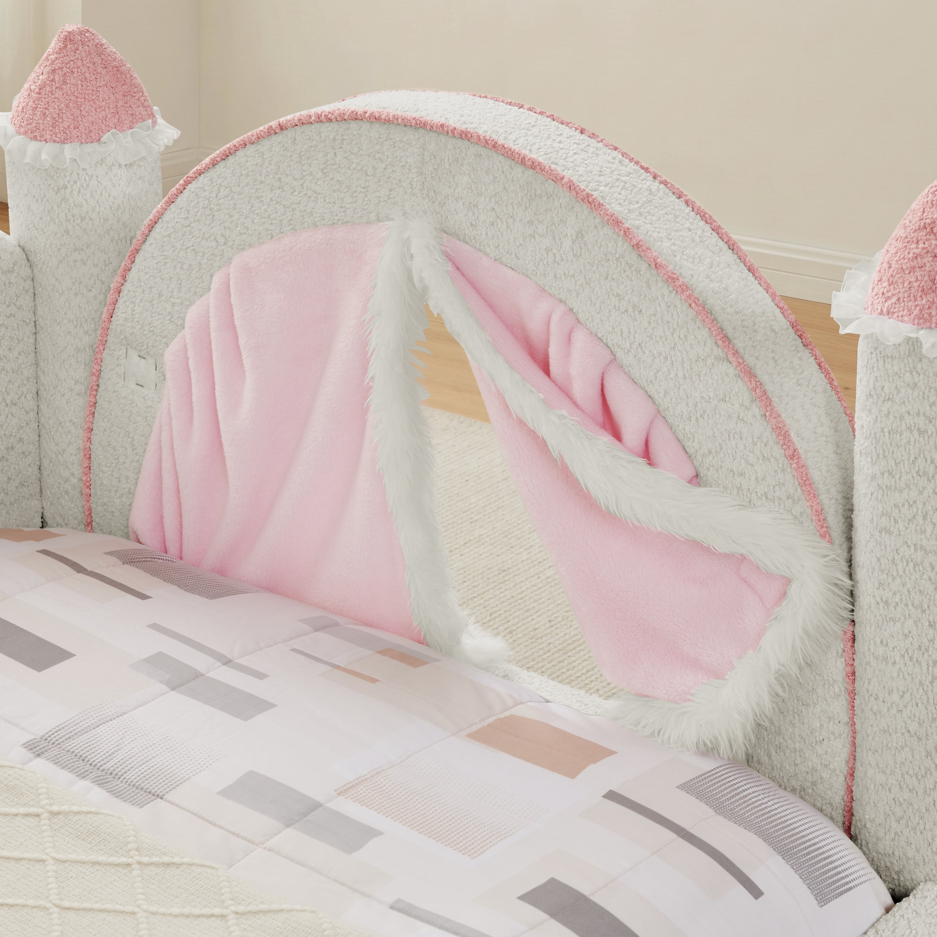 Wakefit Twin Size Castle Bed with Safety Guardrails & Curtain,Boucle Upholstered Kids Bed Solid Wood Frame,Cute Daybed for Bedroom,White