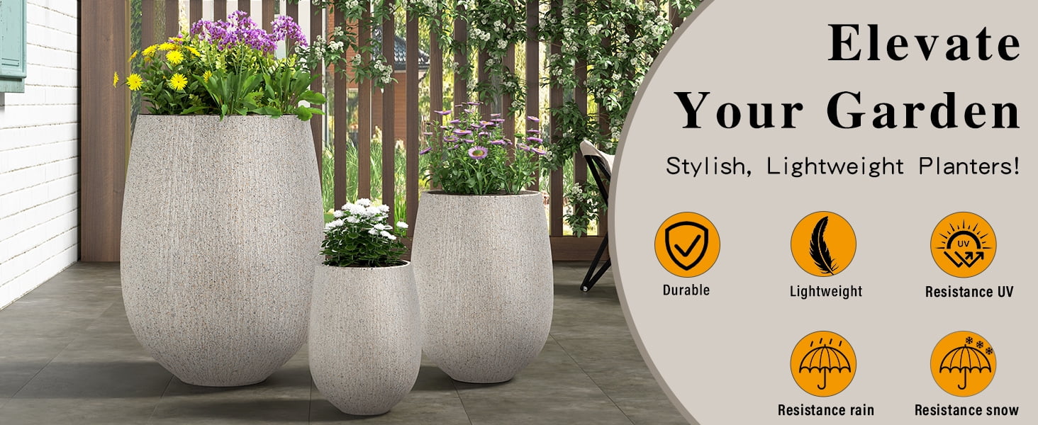 Mintazer Modern Planter Set of 3, 15.6''/10.8''/7.3'' Stackable Flower Pots with Drainage Holes, Stone-Look Textured Decorative Plant Pots for Indoor & Outdoor, Gray