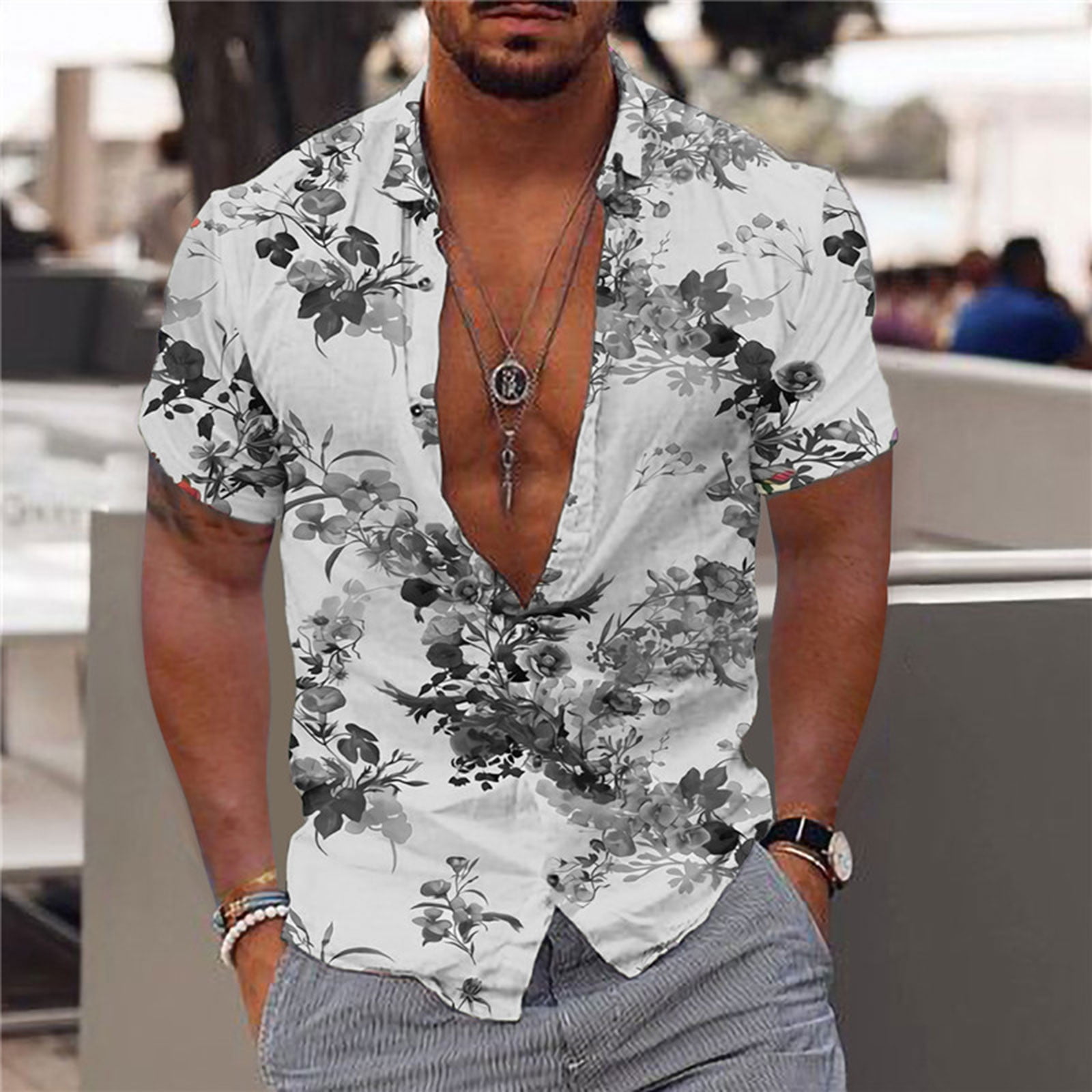 Floral Print Hawaiian Shirts for Men,Men's Tropical Beach Button Up