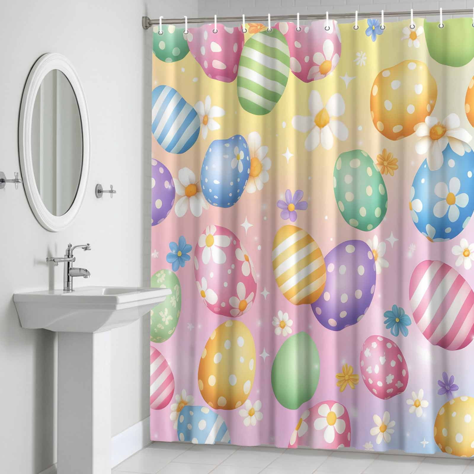 Easter Eggs Shower Curtain for Bathroom, Spring Colorful Easter Eggs Floral Gradient Yellow Pink Waterproof Cloth Fabric Bathroom Accessories Set with 12 Rust Proof Plastic Hooks, 60"x72"