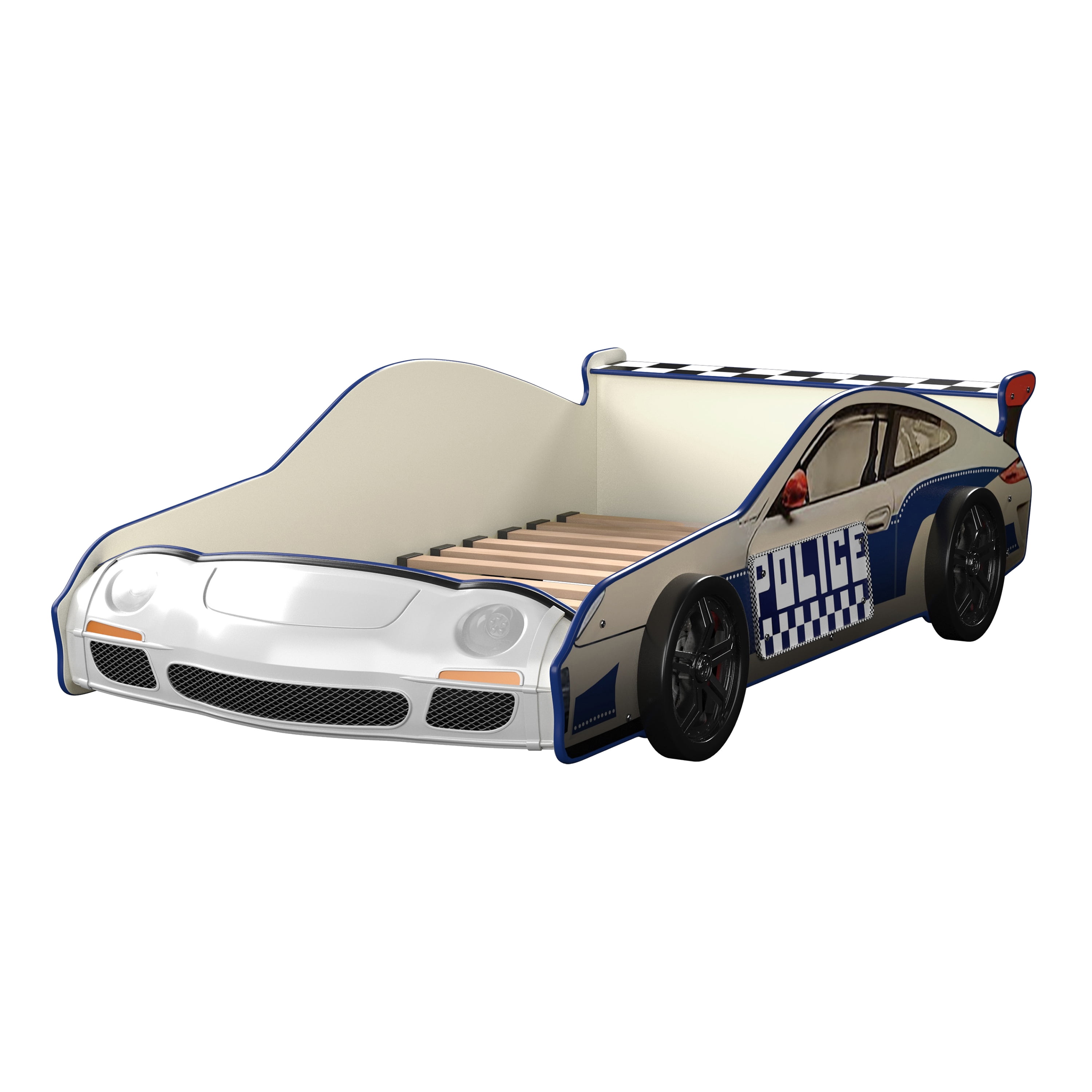 Furniture of America Mauer Wood White Twin Car Kids Bed with LED Night Lights on Headlights & Wheels