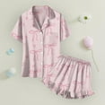thumbnail image 5 of Abcomgle Girls Summer Pajamas Size 10-12 Bownot Print Girls' Sleepwear Silk Button Down Short Sleeve Tshirt with Ruffle Pajama Shorts Girls Preppy Summer Pajamas for Kids 14-15 Years,Pink, 5 of 7