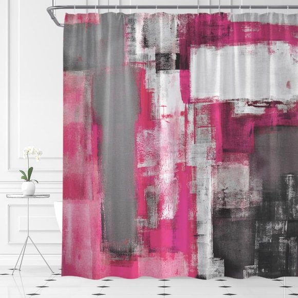 Rideau de Douche Rose Vif Gris Art Abstrait Style Grunge Coups de Pinceau Peinture à l'Huile Design Ombré Art Coloré Moderne Tissu de Maison Ensemble de Décoration de Salle de Bain avec Crochets, (70 Pouces L X 84 Pouces H)