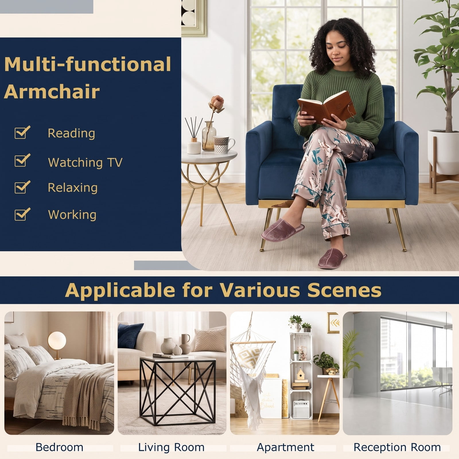 Furnibear Modern Velvet Accent Chair, Button-Tufted Upholstered Single Sofa Armchair with Metal Legs and Adjustable Feet for Living Room Bedroom Study, Holds 350, Blue