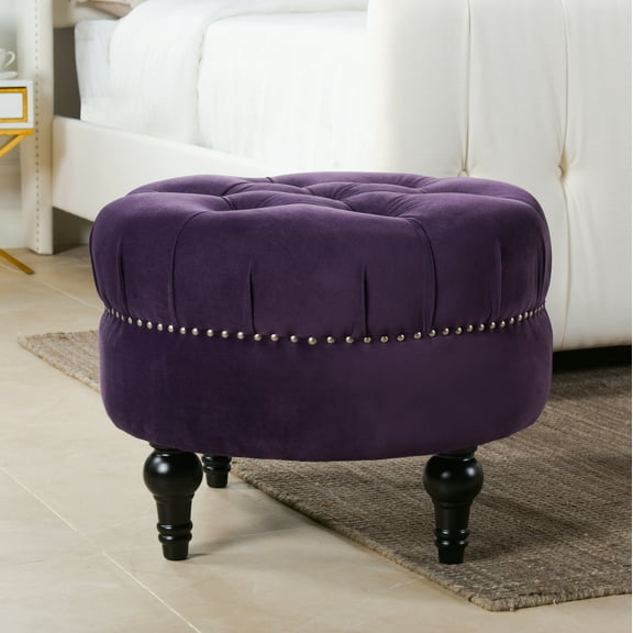 Dawn Tufted Round Ottoman Nailhead Accents, Purple Velvet