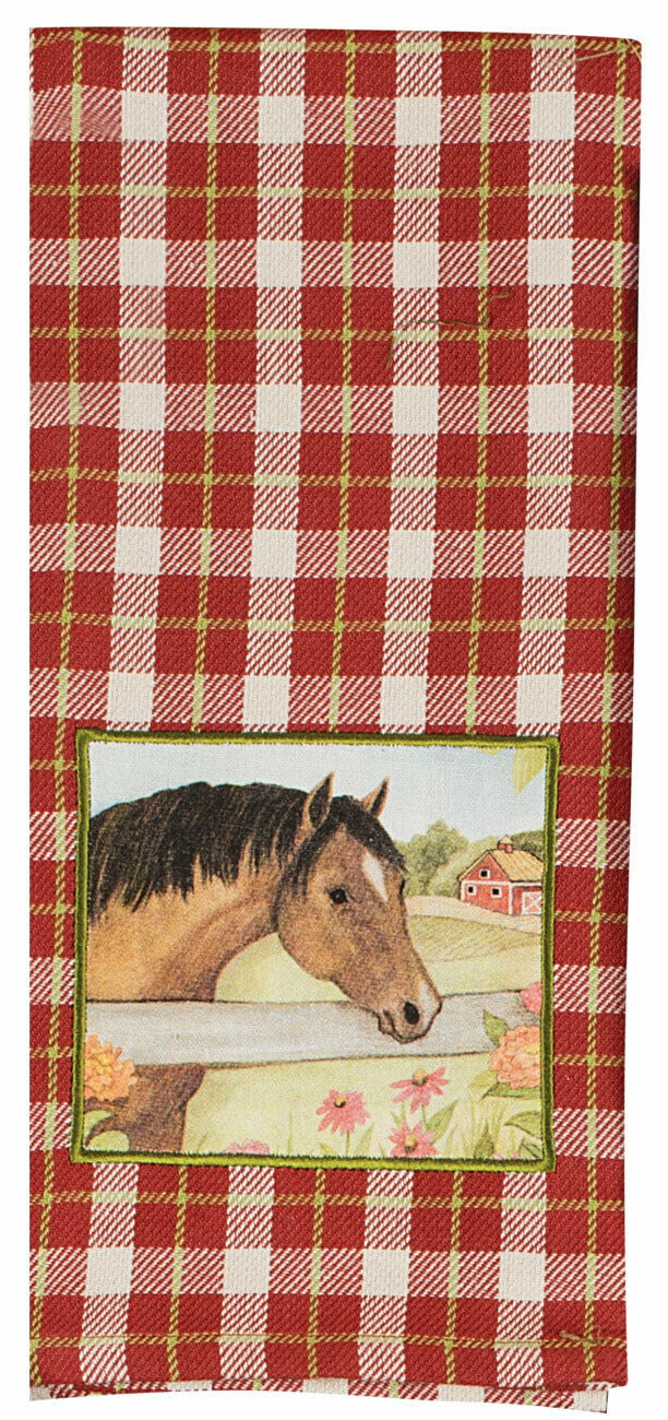 Set of 2 Grace & Beauty PLAID HORSE Applique Kitchen Towels by Kay Dee Designs