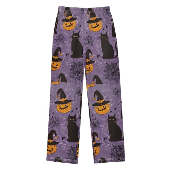 FORMRS Boys Pajama Pants with Pockets Size 6-8Y Kids Lounge Sleep Bottoms, Purple Halloween Black Cat