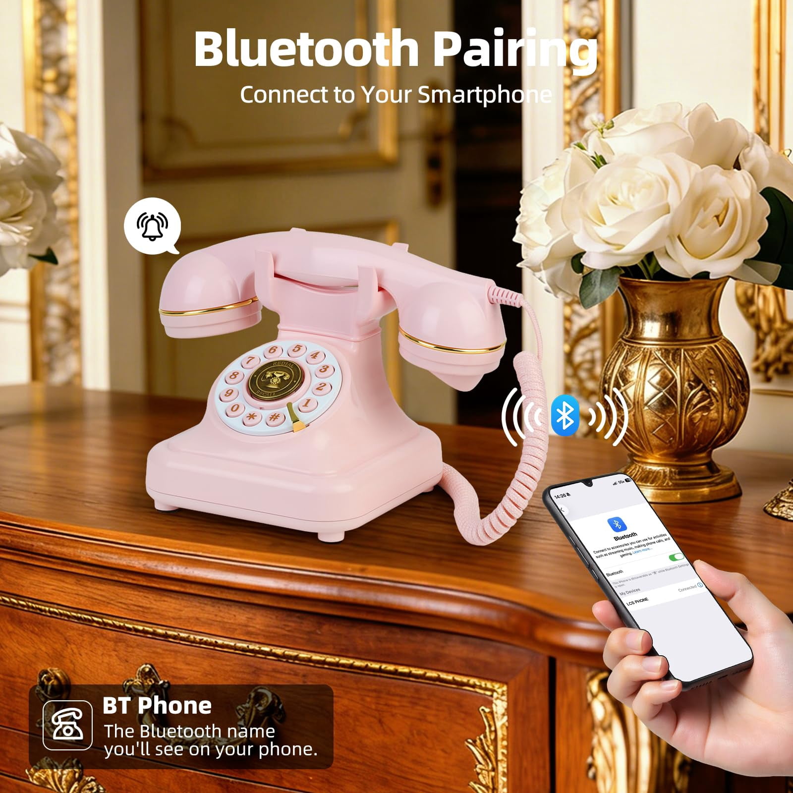 Phones Pinkie Landline Vintage Bluetooth Phone, Retro Desk Telephone with Gold Accents, Loud Nostalgic Ringtones, Bluetooth Connects to Smartphone for Home & Office