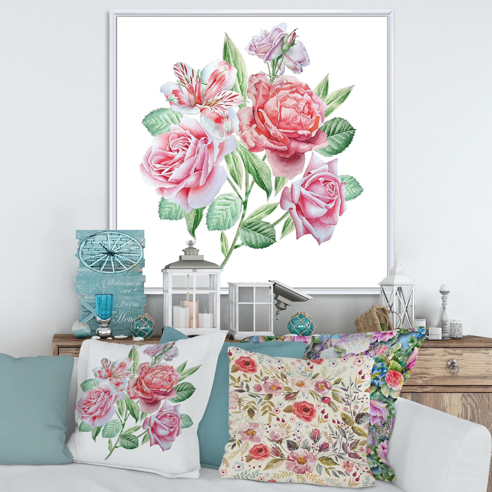Designart 'Spring Flowers Alstroemeria Pink Roses' Traditional Framed Canvas Wall Art Print