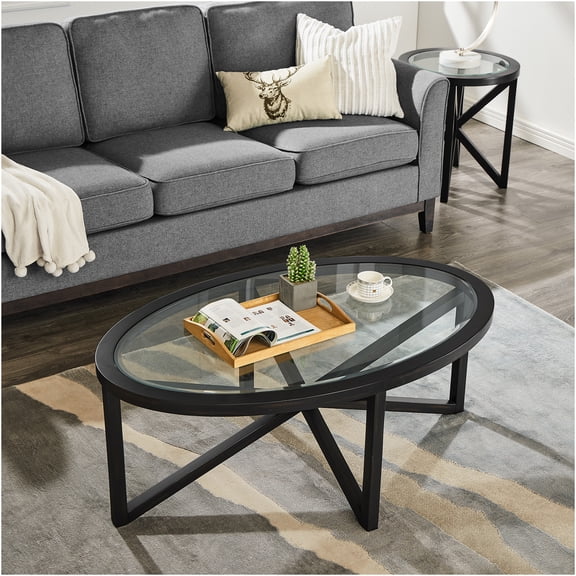 JERFIT 46.5 Inch Round Modern Coffee Table with Tempered Glass Top and Solid Wood Base for Living Room, Black