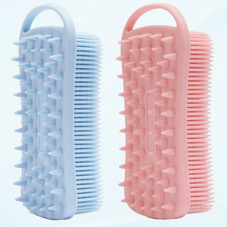 2 Piece Exfoliating Silicone Body Scrub, 2 in 1 Silicone Body Shampoo Brush, Soft Silicone Loofah for Sensitive Skin, Silicone Shower Hair Massager, Easy to Clean, Foaming Well (Pink and Blue)