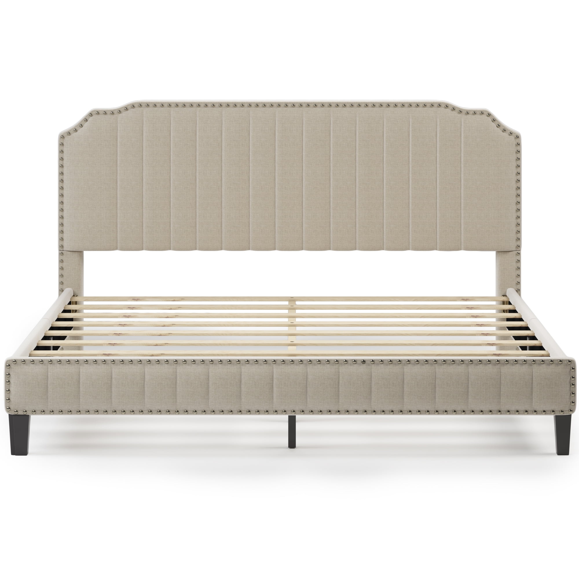 Canddidliike King Upholstered Headboard Platform Bed with Wood Frame, Cream Linen