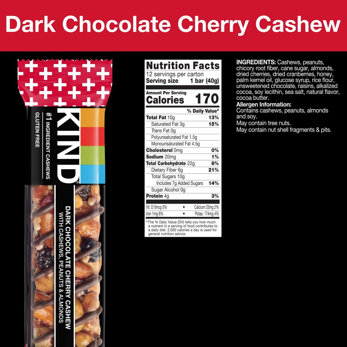 KIND Bars Dark Cherry Cashew Gluten Free Snacks - 12ct - Pack of 2