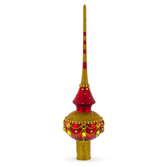 Dimensional Golden Jewels on Red Glass Christmas Tree Topper 11 Inches