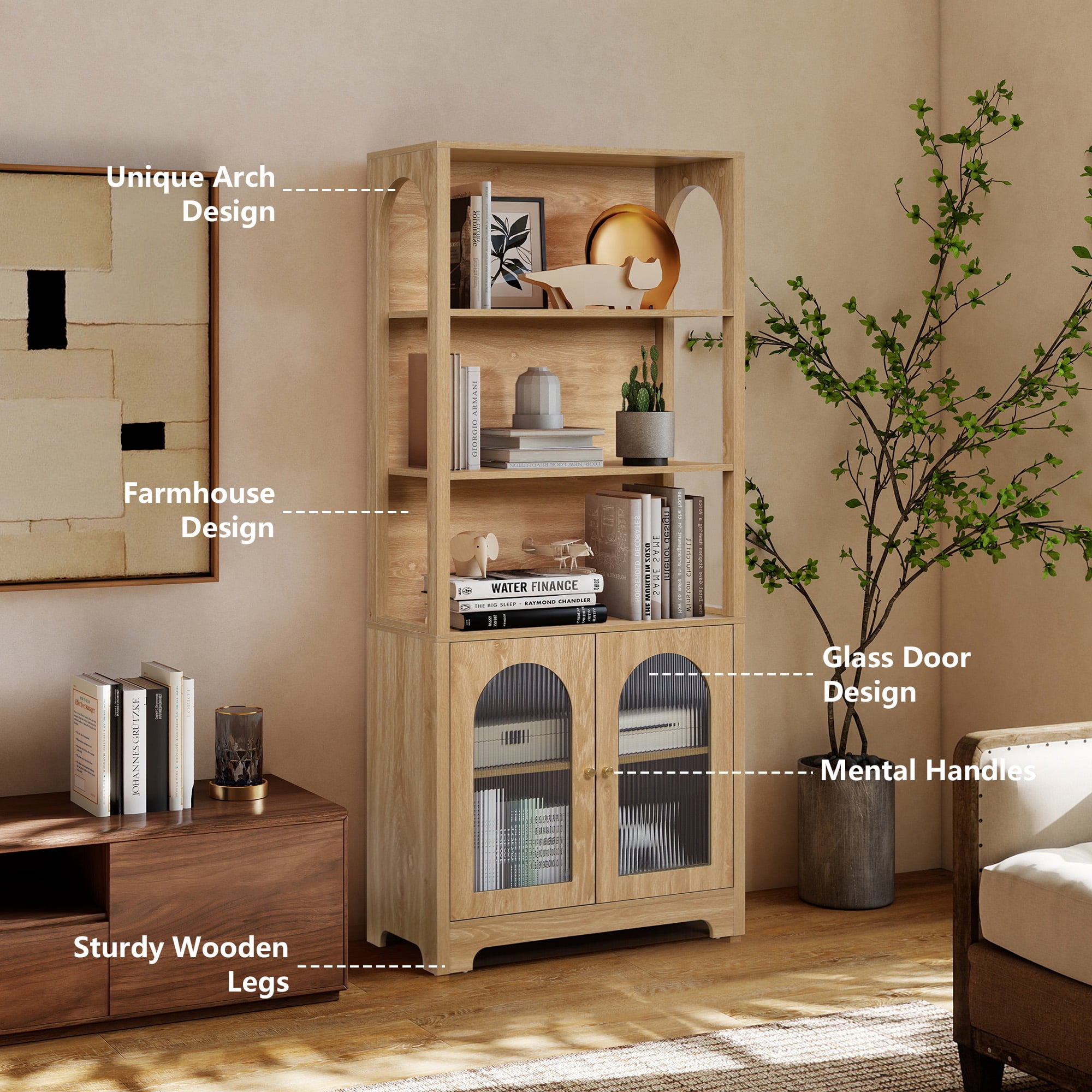 Weselon 70" Tall Bookcase with Door and Shelves, Freestanding Storage Cabinet with Arched Acrylic Door for Living Room Office Storage, Floor Standing Bookshelves,Oak