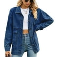thumbnail image 2 of SWSMCLT Women's Jean Jacket Soft Light Washed Spring Button Down Oversized Baggy Collared Pocket Denim Jacket Loose Fit Classic Fall Top Long Sleeve Dark Blue Medium, 2 of 5