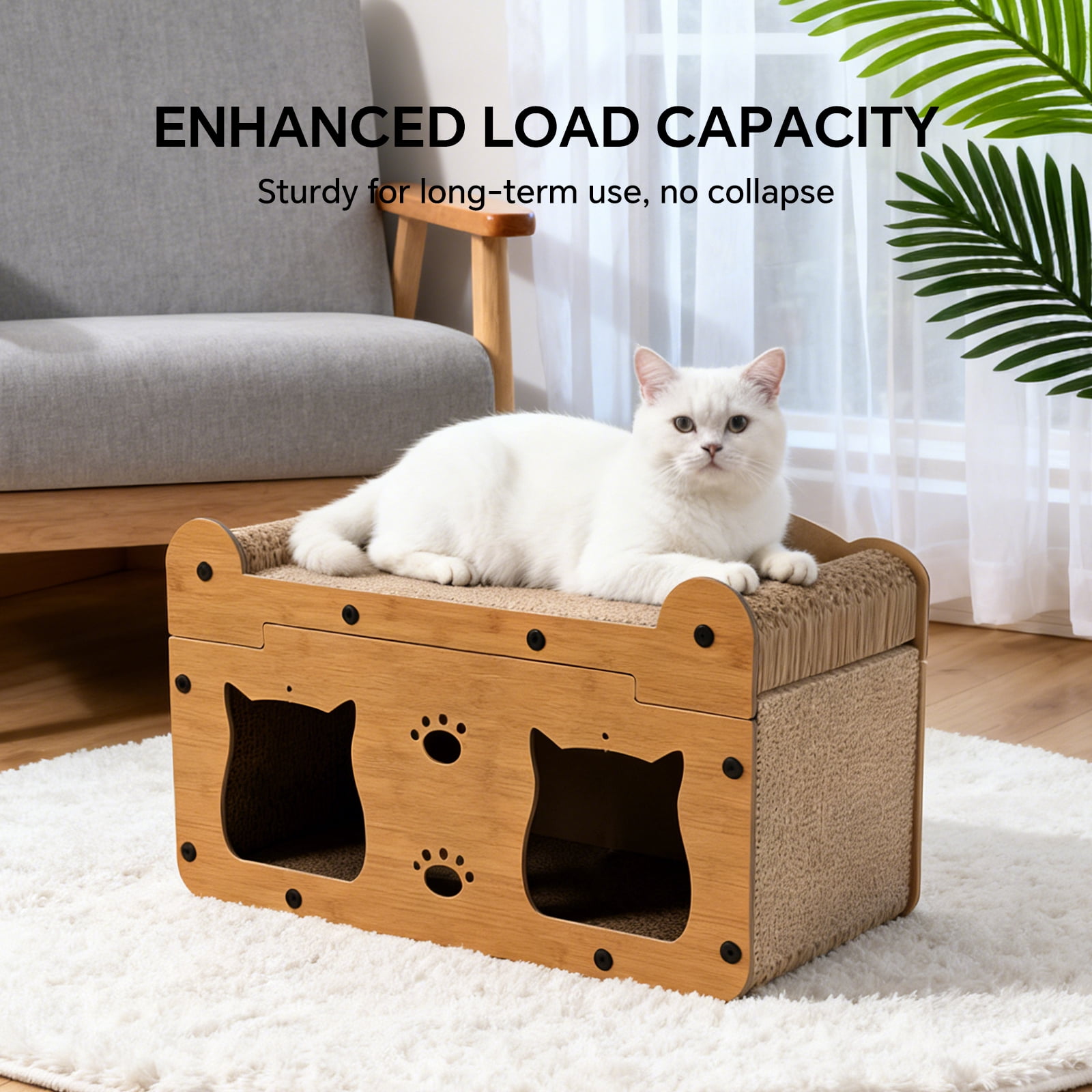 Cat Scratcher House, 2 in 1 Cat Bed and Cave with Hanging Ball Toys, Wooden Scratching Board for Kittens and Adult Cats