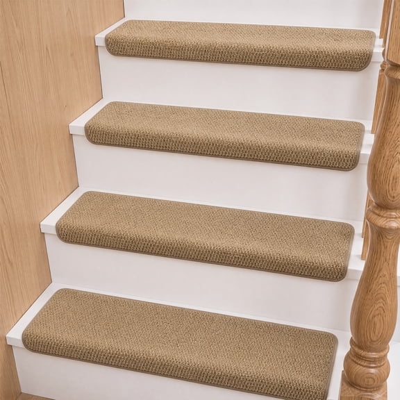 LOKHOM 15 Pack 8"x30" Bullnose Stair Treads for Wooden Steps Indoor, Faux Sisal Non Slip Braided Stair Carpet, Staircase Protector Rugs for Kids Elders & Pets, Beige